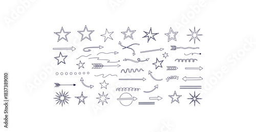 Hand drawn arrows swirls pointers and stars doodle elements collection
