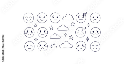 Hand drawn emoji mood icons with stars clouds and sleepy faces for banners