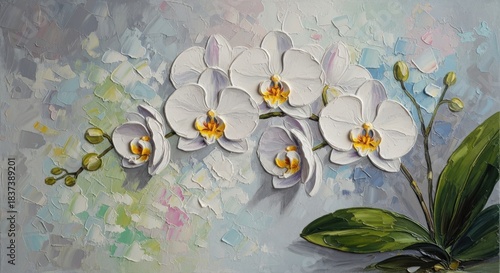 Textured oil painting of white orchids with green leaves isolated on white background isolated on transparent background
