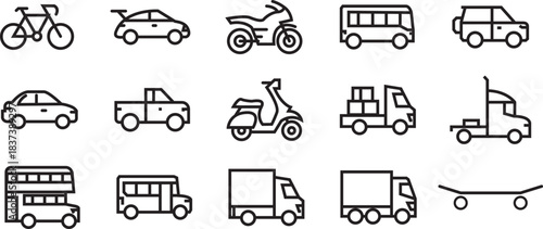 Transport vehicles icon line art set. linear vector design of car, bike, cycle, bus, truck and more 