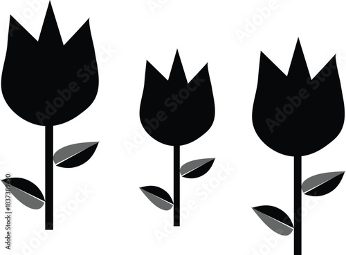 Minimalist black tulips with textured stems and leaves on white background