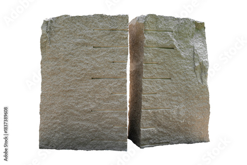 Two granite slabs with carved lines isolated on a transparent background. Minimalist art object highlights the stone’s texture and form.