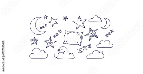 Hand drawn sleep icons featuring moon pillow stars clouds and zzz marks