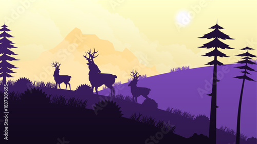 Abstract Dark Sky Background Vector Silhouette With Trees Deer Water Design Style