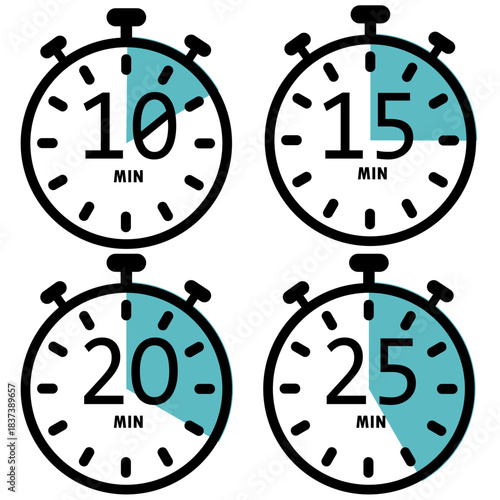 Set of four stopwatch icons showing 10, 15, 20, and 25 MIN durations with shaded segments, ideal for visualizing elapsed time in activities or scheduling