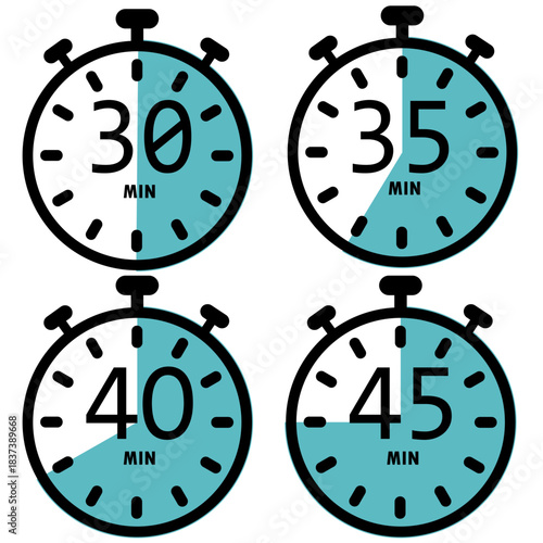 Grid of four blue-shaded stopwatch icons showing 30, 35, 40, and 45 MIN durations, ideal for time tracking, workouts, scheduling, or productivity visuals