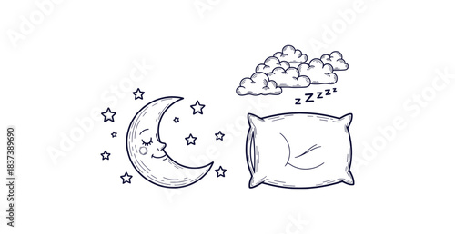 Hand drawn sleep icons featuring moon pillow stars clouds and zzz marks for rest and relaxation