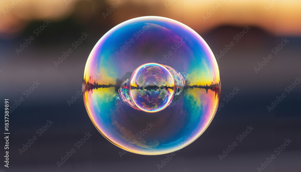 Fototapeta premium Colorful soap bubble floating in the air during sunset 