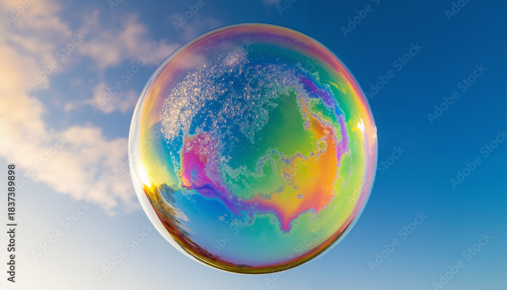 Fototapeta premium Colorful soap bubble floating against a clear blue sky 