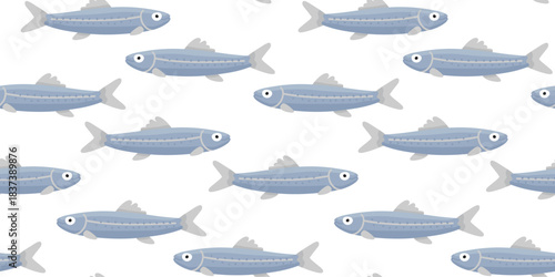 A group of blue fish in a seamless pattern. Background with underwater animals for fabric, wallpaper, or packaging design. Flat style vector.