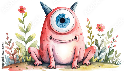 Smiling cartoon monster with one eye sitting among colorful flowers  