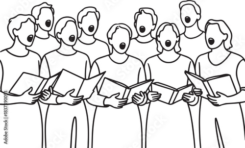 Minimal Continuous Line Drawing of a Singing Choir in Unified Harmonious Artistic Illustration