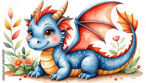 Cute blue dragon with red wings sitting among flowers and leaves  