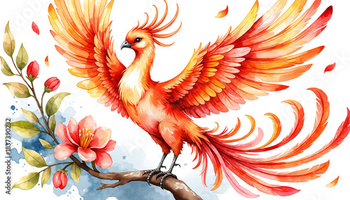 Mythical phoenix rising with vibrant feathers above blooming flowers  