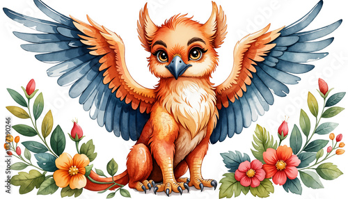 Cute fantasy griffin character with floral decorations  