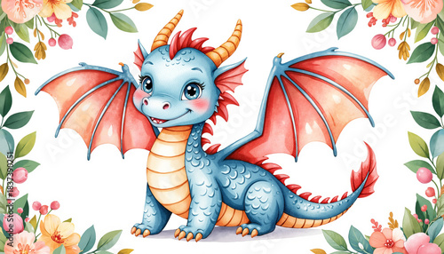Cute blue dragon smiling with wings surrounded by floral decor  