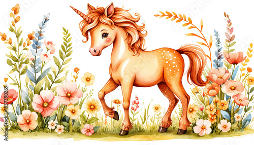 Colorful unicorn walking among flowers in a whimsical garden  