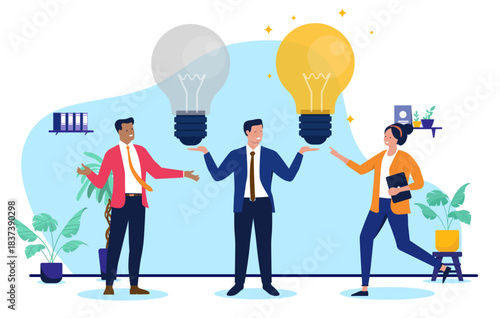 Businessman choosing ideas or selecting the best innovative idea, finding a brilliant solution, or opting for creative thinking and success flat design vector illustration