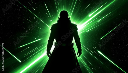 Mysterious figure silhouetted against vibrant green cosmic background  