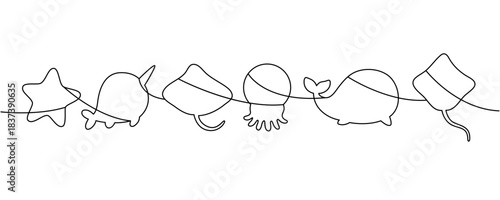 Minimal one-line marine animals silhouettes of starfish, narwhal, stingray, jellyfish, whale, and other in contour art