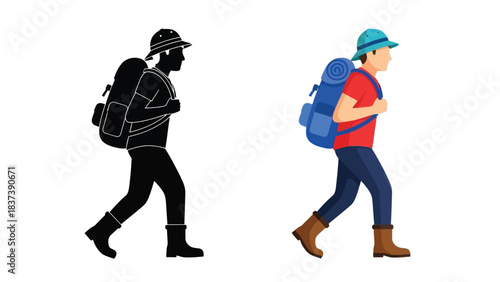 Two illustrations of a hiker with a backpack one in color and one in silhouette