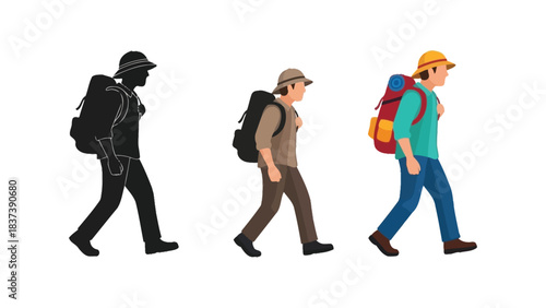 Three hikers illustrated in varying styles from silhouette to full color