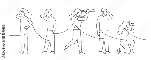 Group of people looking forward with spyglasses or binoculars. Simple outline for exploration themes