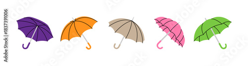 Colorful set of open umbrellas in various shades, minimalist vector illustration for rain protection and weather designs