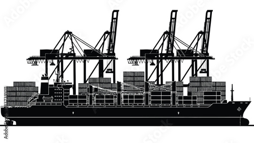 A black and white illustration of a container ship at a port
