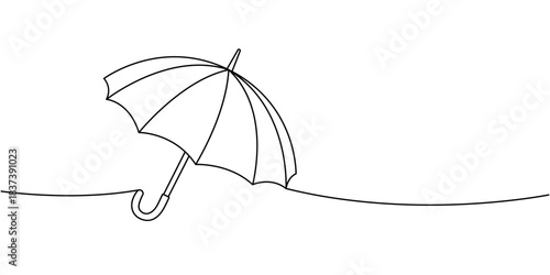 Minimal umbrella outline leaning on a flowing line. Simple modern vector design for seasonal rain and weather illustration themes