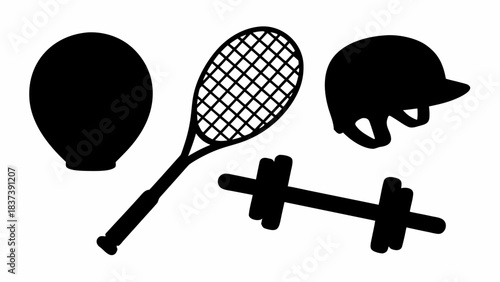 Stunning collection of black silhouette icons representing diverse sports equipment for fitness and recreation projects