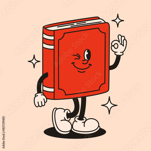 Groovy red book character. Flat vector illustration.