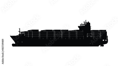 Silhouette of a large cargo ship at sea a dark outline against light