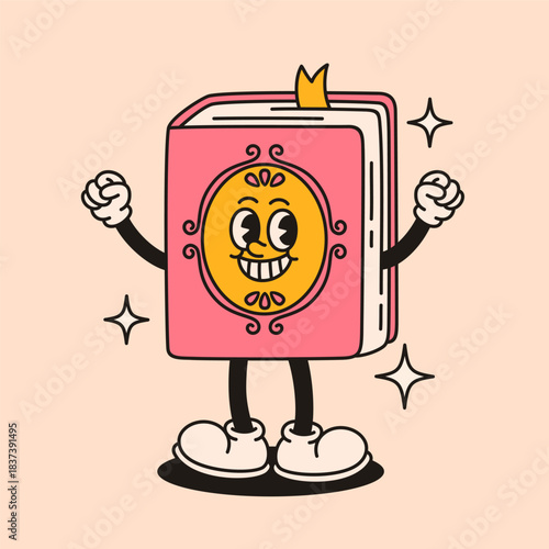Groovy book character in retro style. Flat vector illustration.