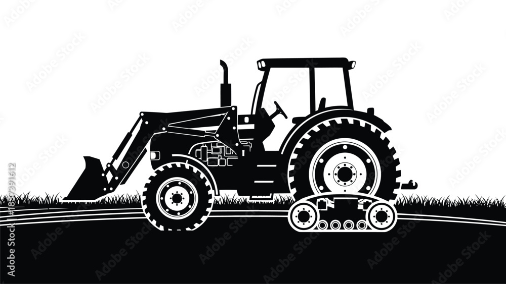 Naklejka premium A black and white illustration of a tractor in a field of grass
