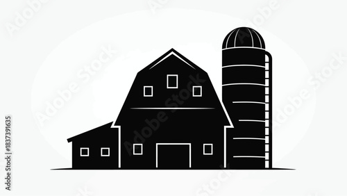 Simple black and white illustration of a classic barn and silo structure