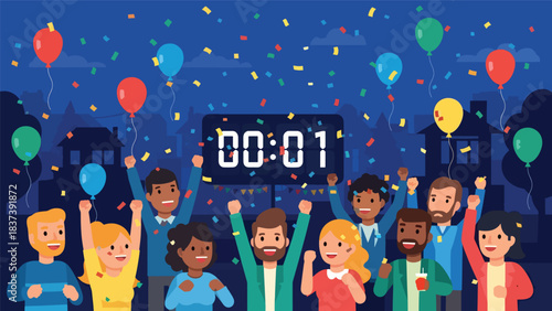 Modern flat vector illustration of friends celebrating a New Year countdown with confetti, balloons, and excitement. Perfect for party invitations, posters, and festive promotions