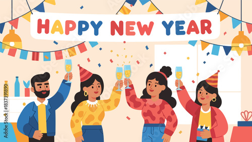 Modern flat vector illustration of people clinking sparkling drinks during a New Year toast. Ideal for festive branding, party celebration content, and holiday visuals