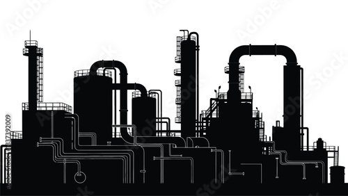 Silhouetted industrial complex with pipes towers and refinery structures