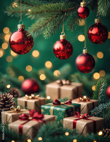 Adornos navideños rojos, una pequeña caja de regalo envuelta y ramas de abeto iluminadas cálidamente en primer plano. El fondo desenfocado con luces bokeh verdes crea una atmósfera navideña acogedora