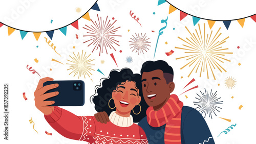 Modern flat vector illustration of a couple taking a New Year selfie with fireworks in the background. Ideal for lifestyle content, celebration visuals, and modern festive design