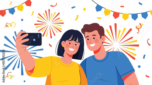 Modern flat vector illustration of a couple taking a New Year selfie with fireworks in the background. Ideal for lifestyle content, celebration visuals, and modern festive design