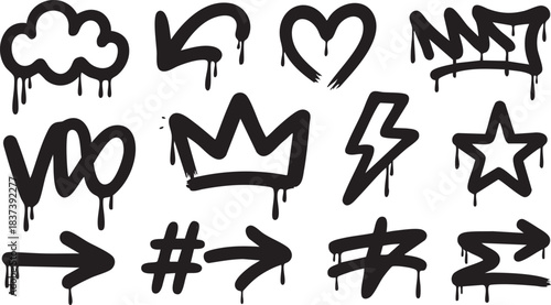 Urban graffiti spray paint icon set in street art style and gritty grunge texture for dynamic designs.