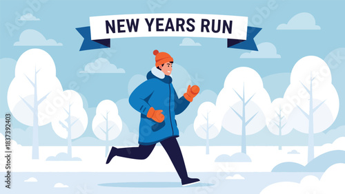 Modern flat vector illustration of a person jogging as part of a healthy New Year fitness start. Ideal for wellness, motivation, and positive lifestyle design