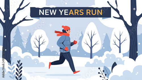 Modern flat vector illustration of a person jogging as part of a healthy New Year fitness start. Ideal for wellness, motivation, and positive lifestyle design