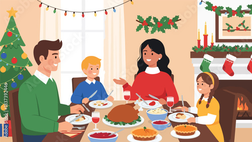 Modern flat vector illustration of a family enjoying a New Year dinner with festive food, conversation, and decorations. Ideal for cultural celebrations and holiday branding