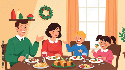 Modern flat vector illustration of a family enjoying a New Year dinner with festive food, conversation, and decorations. Ideal for cultural celebrations and holiday branding