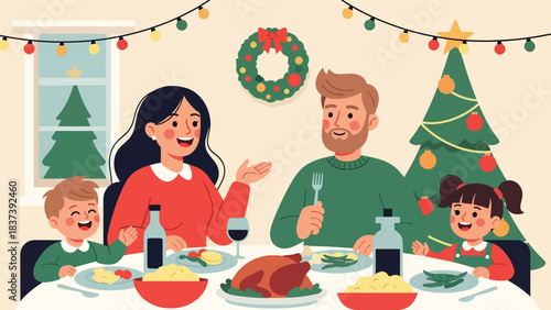 Modern flat vector illustration of a family enjoying a New Year dinner with festive food, conversation, and decorations. Ideal for cultural celebrations and holiday branding