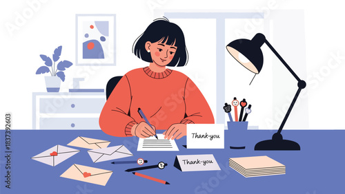 Modern flat vector illustration of a person writing thank-you cards after New Year celebrations. Ideal for gratitude messaging and lifestyle content