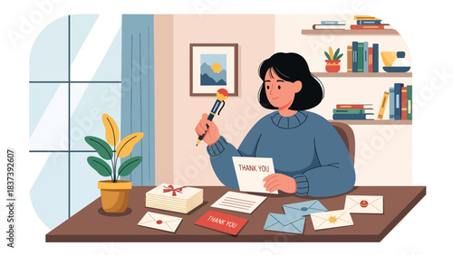 Modern flat vector illustration of a person writing thank-you cards after New Year celebrations. Ideal for gratitude messaging and lifestyle content